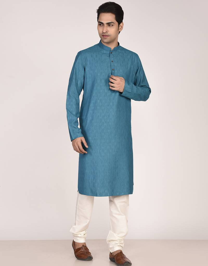 Men's woven design mandarin collar cotton straight kurta