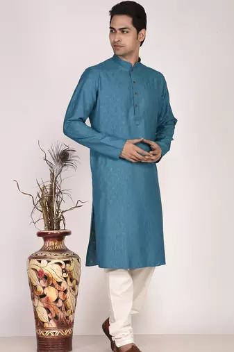 Men's woven design mandarin collar cotton straight kurta