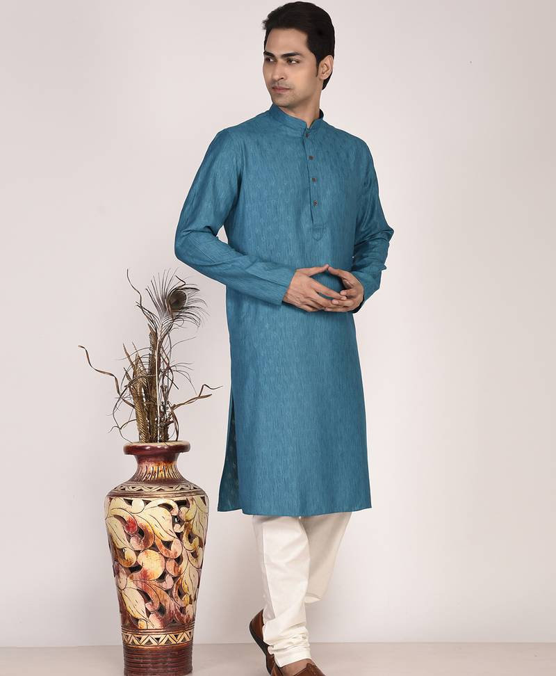 Men's woven design mandarin collar cotton straight kurta
