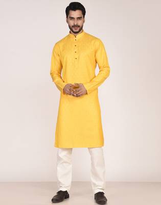 Men's woven design mandarin collar cotton straight kurta 1