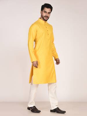 Men's woven design mandarin collar cotton straight kurta 2