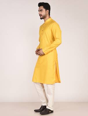 Men's woven design mandarin collar cotton straight kurta 3