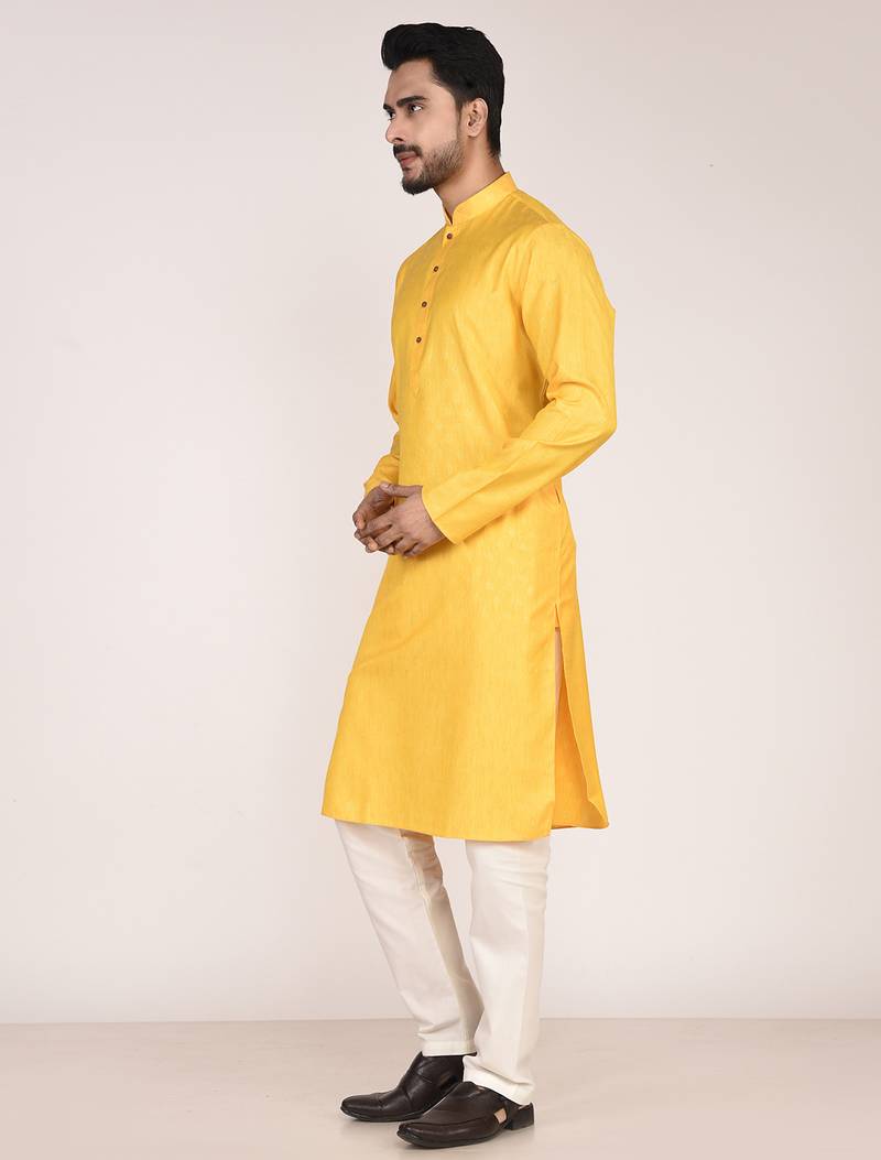 Men's woven design mandarin collar cotton straight kurta
