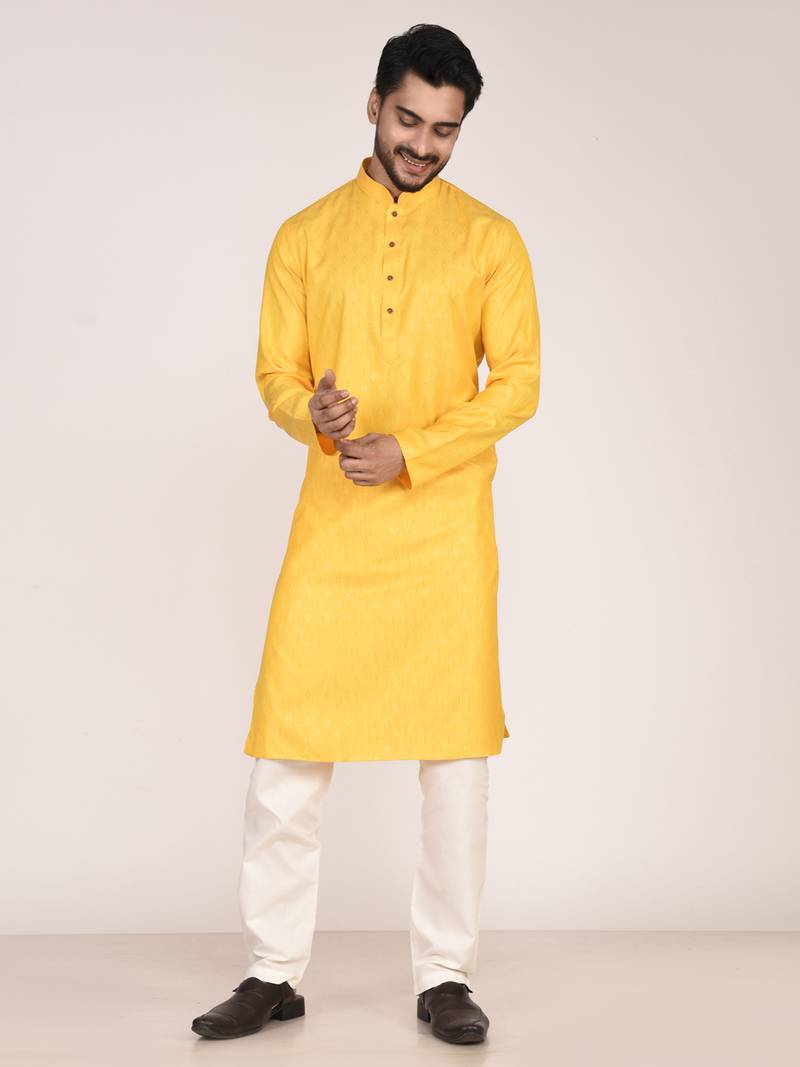 Men's woven design mandarin collar cotton straight kurta