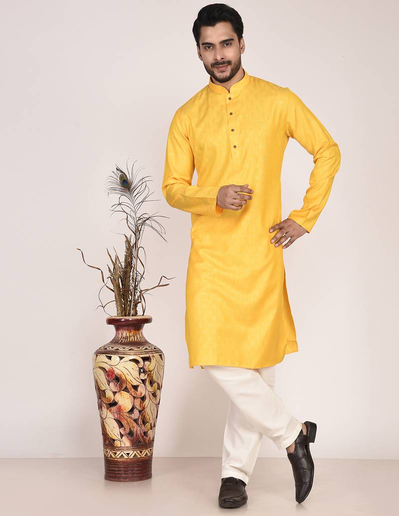 Men's woven design mandarin collar cotton straight kurta