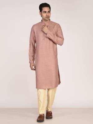 Men's woven design mandarin collar cotton straight kurta 1