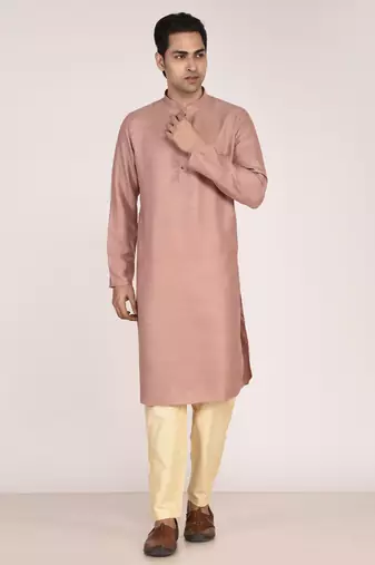 Men's woven design mandarin collar cotton straight kurta
