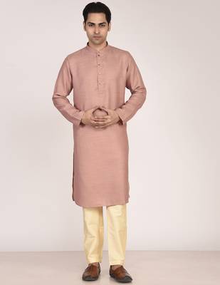 Men's woven design mandarin collar cotton straight kurta 4