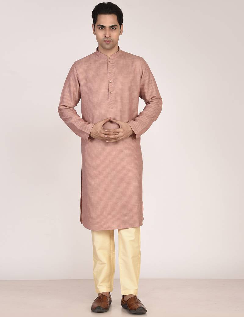 Men's woven design mandarin collar cotton straight kurta