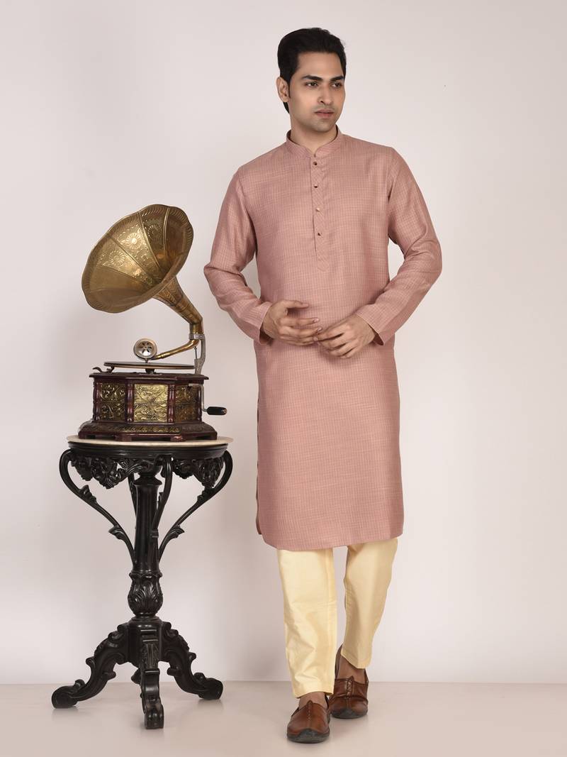 Men's woven design mandarin collar cotton straight kurta