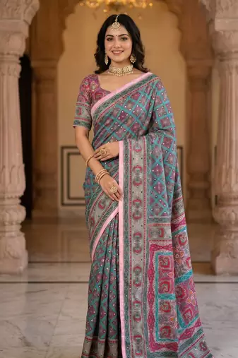 Multi Color ajarakh Print And Mirror work Silk Blend Saree