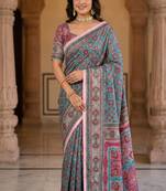 Multi Color ajarakh Print And Mirror work Silk Blend Saree