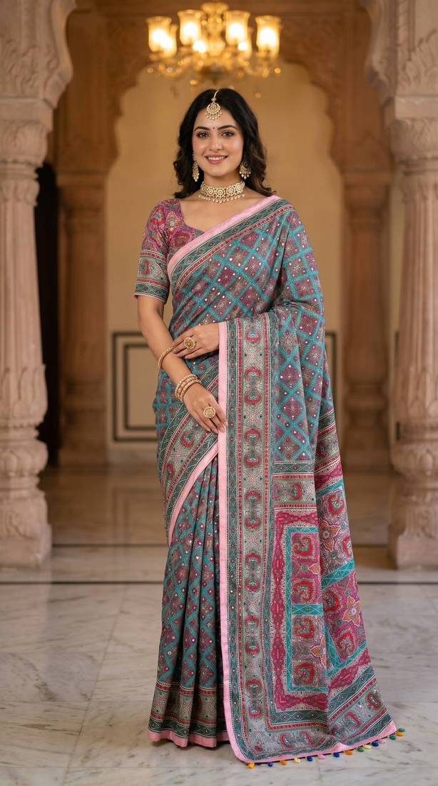 Multi Color ajarakh Print And Mirror work Silk Blend Saree