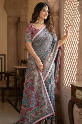 Multi Color ajarakh Print And Mirror work Silk Blend Saree
