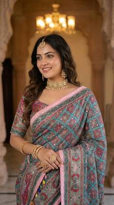 Multi Color ajarakh Print And Mirror work Silk Blend Saree 3