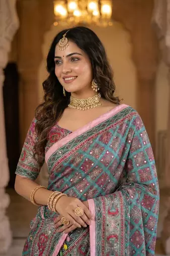 Multi Color ajarakh Print And Mirror work Silk Blend Saree