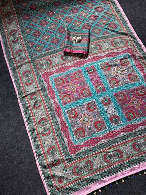 Multi Color ajarakh Print And Mirror work Silk Blend Saree 4