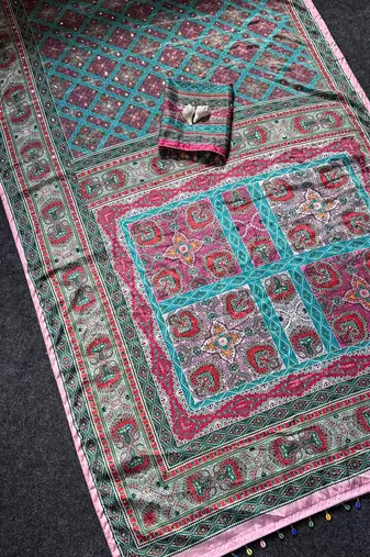 Multi Color ajarakh Print And Mirror work Silk Blend Saree
