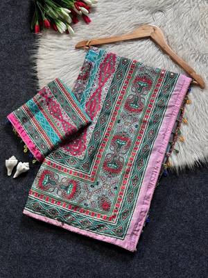 Multi Color ajarakh Print And Mirror work Silk Blend Saree 5