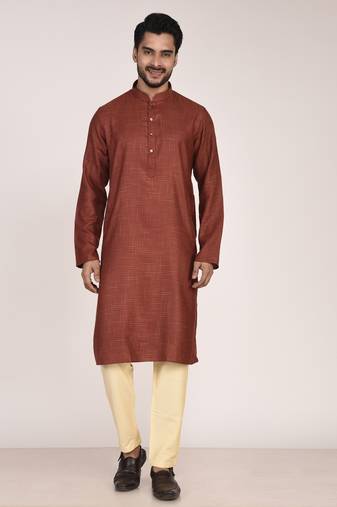 Men's woven design mandarin collar cotton straight kurta