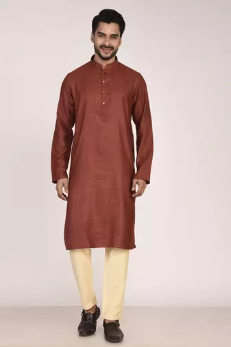 Men's woven design mandarin collar cotton straight kurta