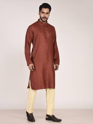 Men's woven design mandarin collar cotton straight kurta 2