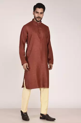 Men's woven design mandarin collar cotton straight kurta