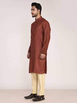 Men's woven design mandarin collar cotton straight kurta 3