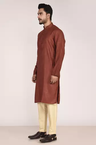 Men's woven design mandarin collar cotton straight kurta