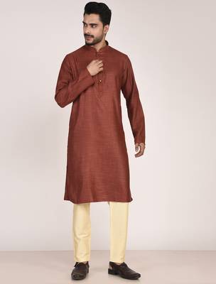 Men's woven design mandarin collar cotton straight kurta 4