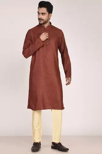 Men's woven design mandarin collar cotton straight kurta