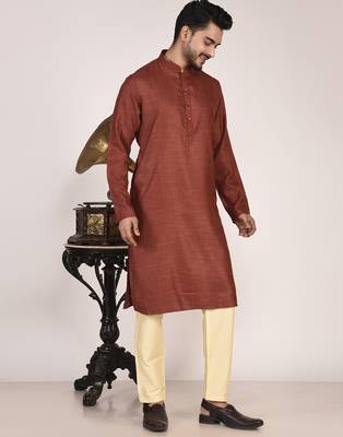 Men's woven design mandarin collar cotton straight kurta 5