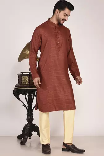Men's woven design mandarin collar cotton straight kurta
