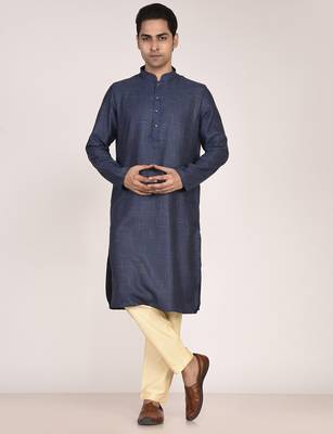 Men's woven design mandarin collar cotton straight kurta 1