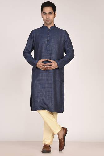 Men's woven design mandarin collar cotton straight kurta