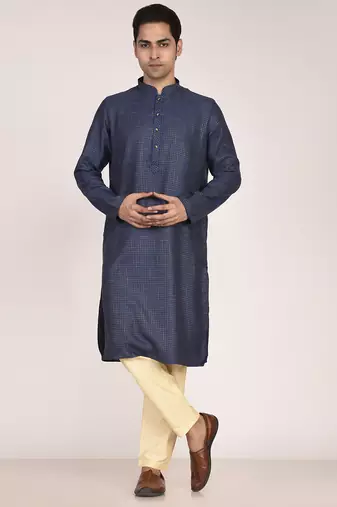 Men's woven design mandarin collar cotton straight kurta