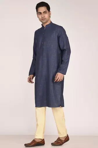 Men's woven design mandarin collar cotton straight kurta