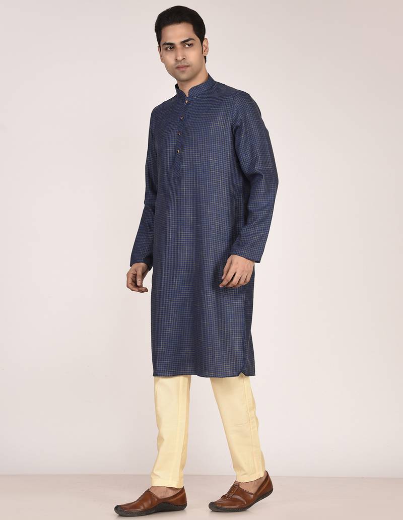 Men's woven design mandarin collar cotton straight kurta