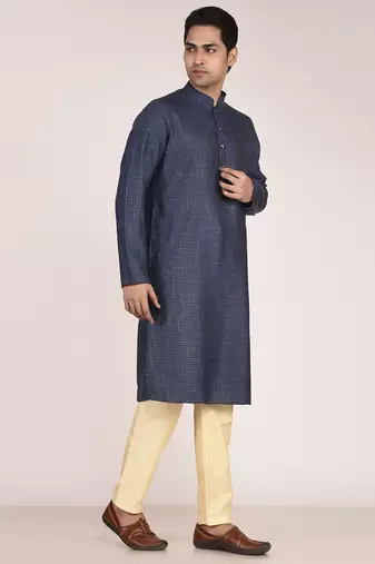 Men's woven design mandarin collar cotton straight kurta