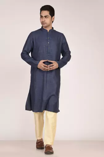 Men's woven design mandarin collar cotton straight kurta