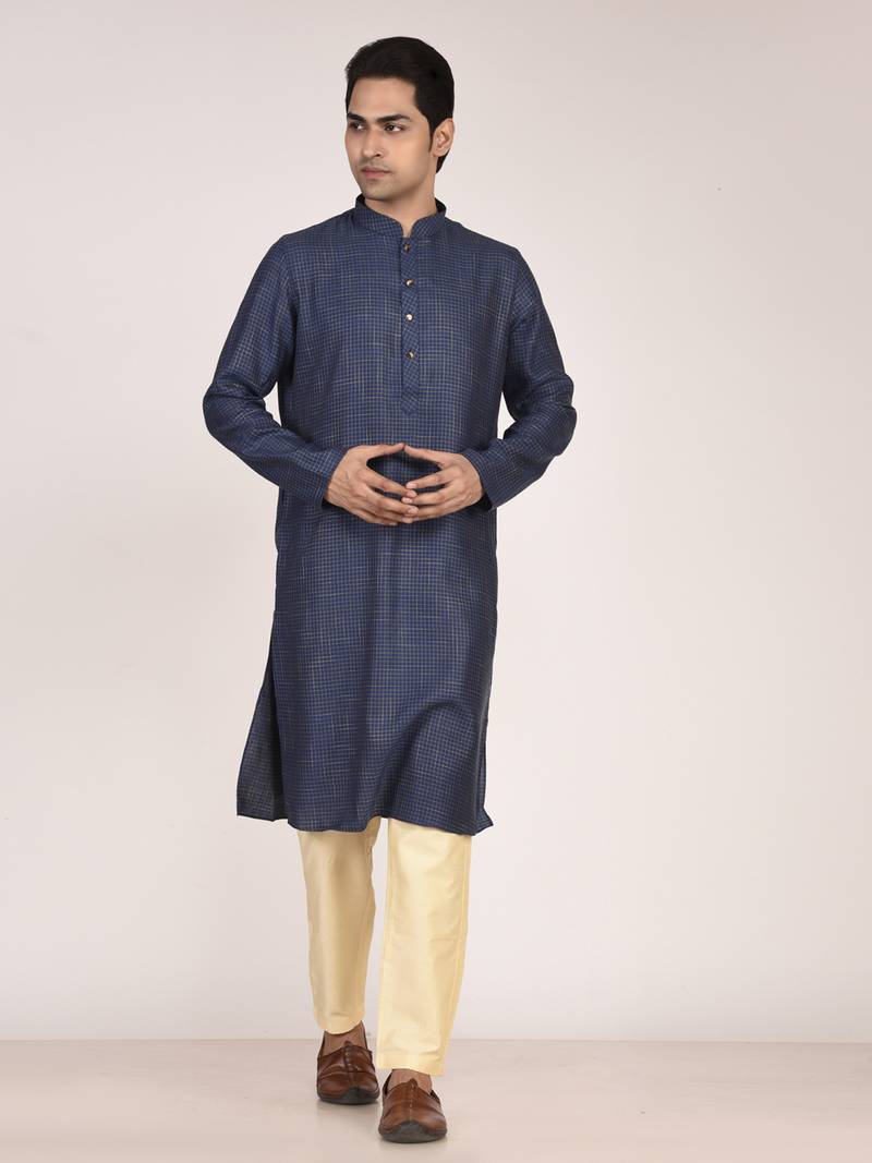 Men's woven design mandarin collar cotton straight kurta