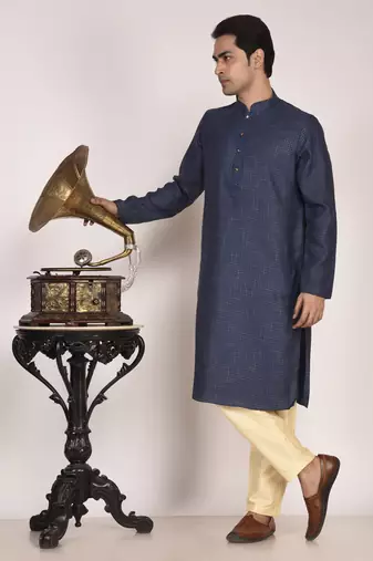 Men's woven design mandarin collar cotton straight kurta
