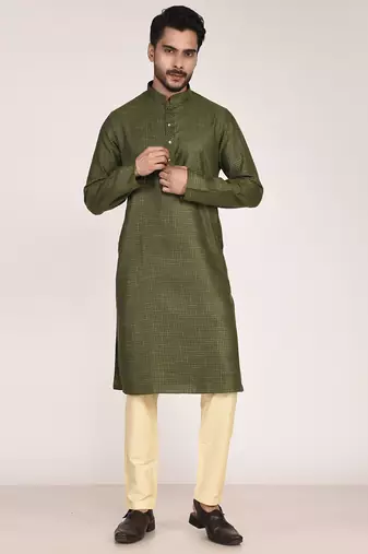 Men's woven design mandarin collar cotton straight kurta