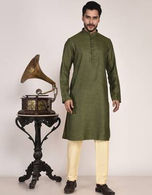 Men's woven design mandarin collar cotton straight kurta 5