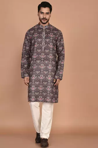 Men's floral printed mandarin collar cotton kurta
