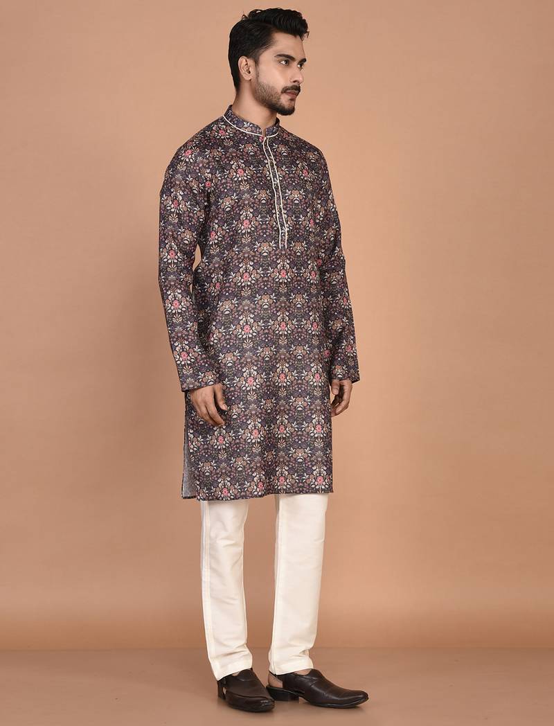 Men's floral printed mandarin collar cotton kurta