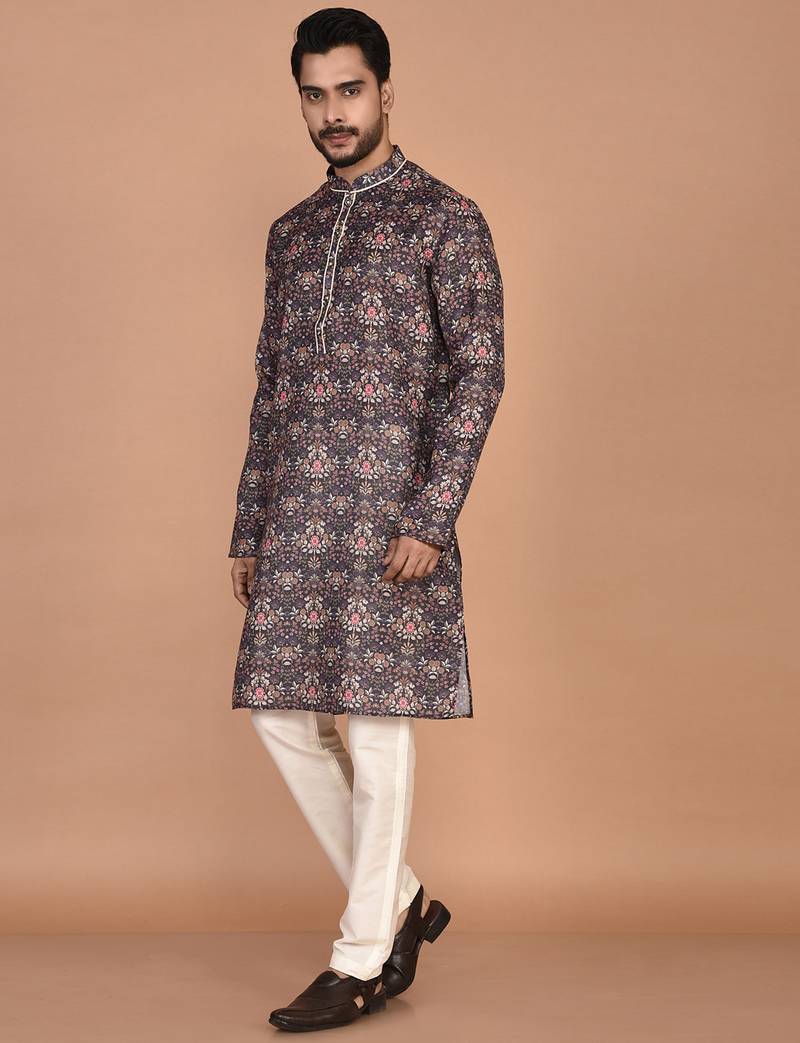 Men's floral printed mandarin collar cotton kurta