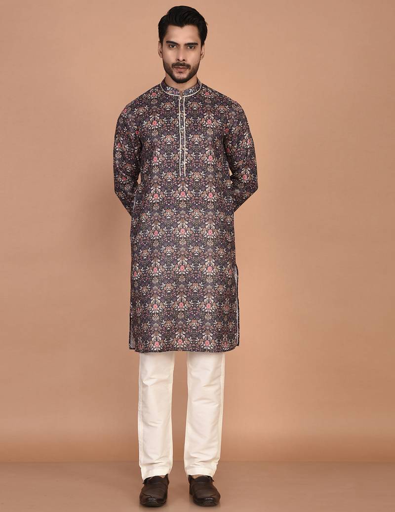 Men's floral printed mandarin collar cotton kurta