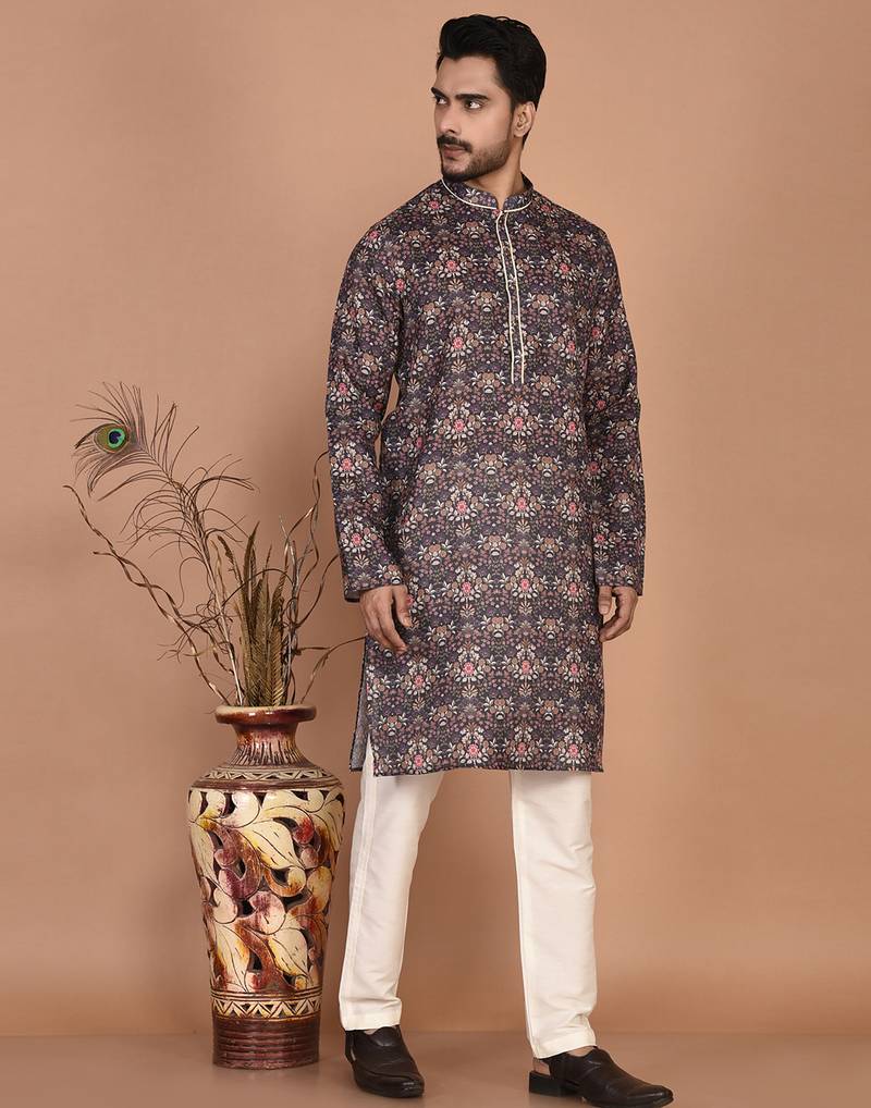 Men's floral printed mandarin collar cotton kurta