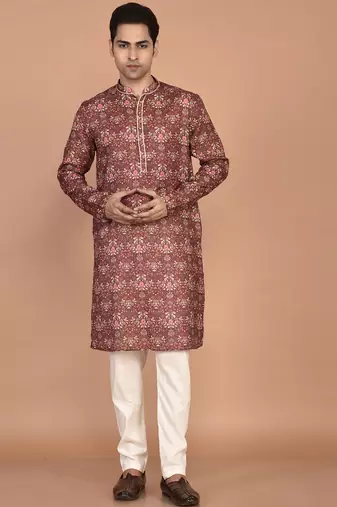 Men's floral printed mandarin collar cotton kurta